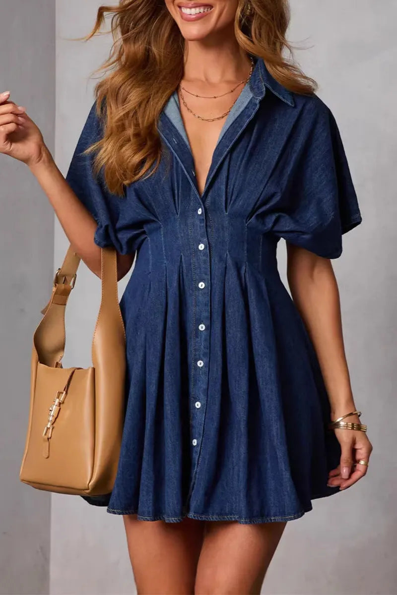Women's Elegant Waist Defined Batwing Denim Dress