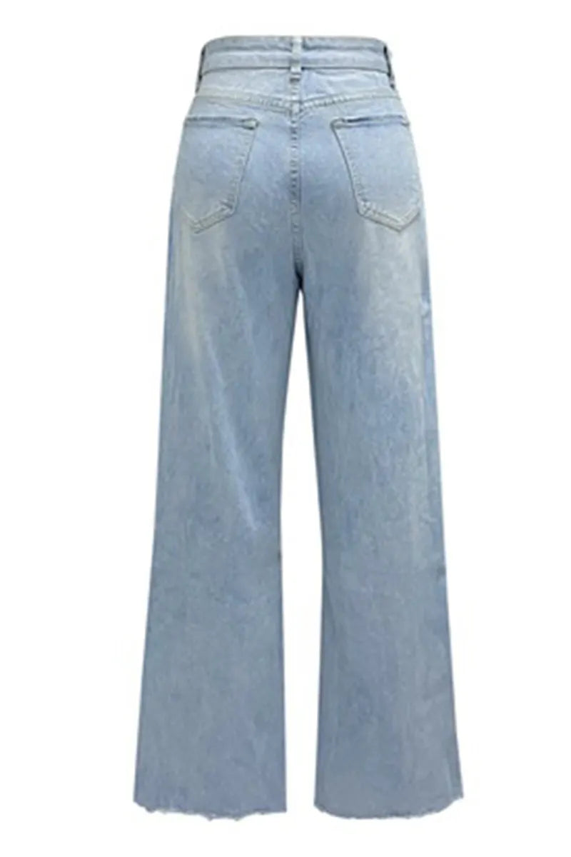 Women's Casual Ripped Washed Raw Wide Leg Jeans