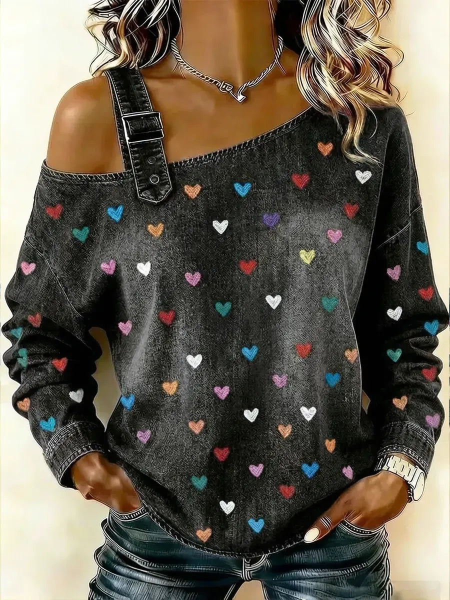 Women's Casual And Fashionable Denim Top With Heart Pattern