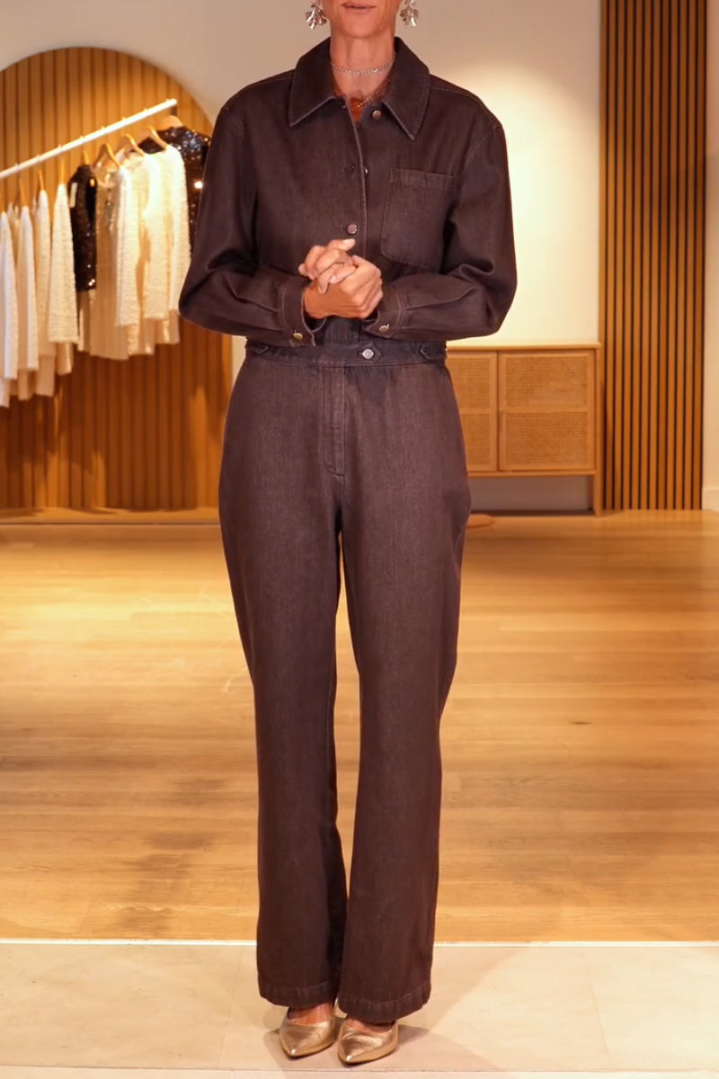 Women's Collar Patchwork Back Hollow Out Temperament Casual Denim Jumpsuit