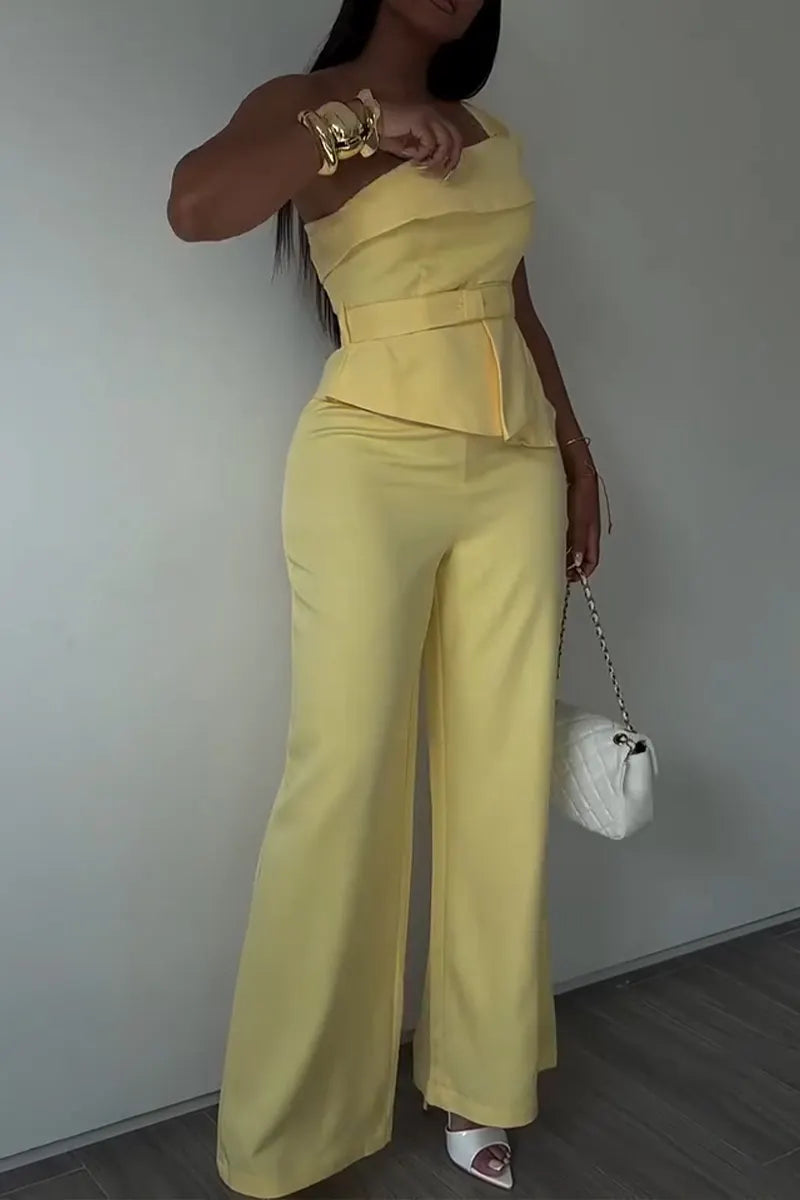 Women's Fashion One-Shoulder Asymmetric Vest Pants Two-Piece Set