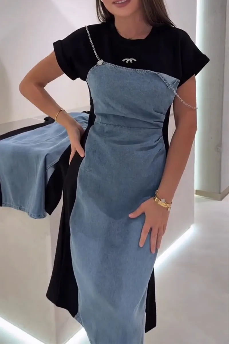 Women Round Neck Patchwork Denim Elegant Casual Dress
