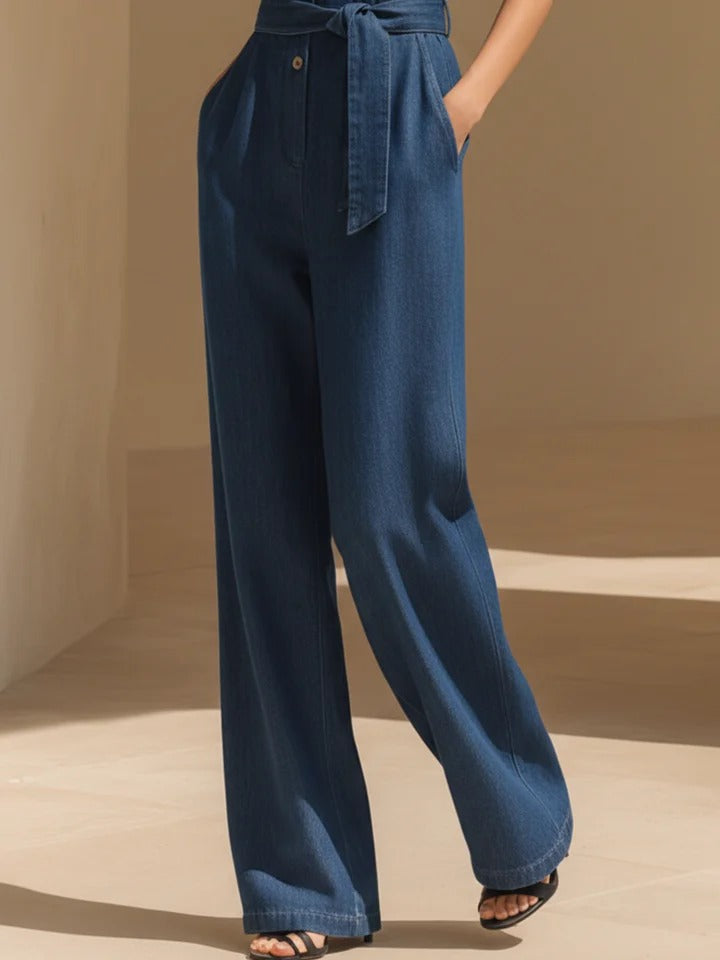 Navy Blue Tencel Denim Halter Neck Wide-Leg Jumpsuit
