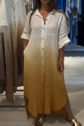 Ladies' Fashionable Casual Gradient Color Linen And Cotton Shirt Dress