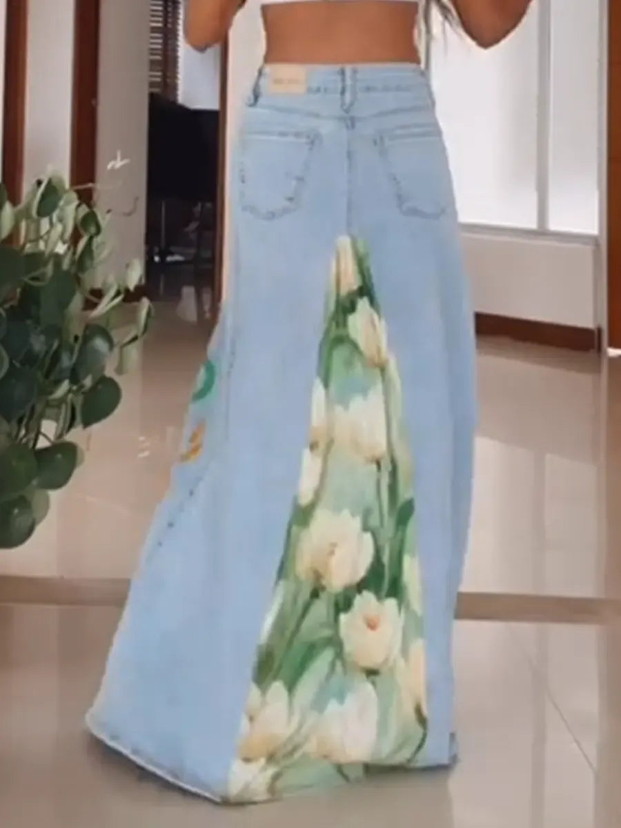 Women's Casual And Fashionable Patchwork Floral Print Denim Skirt