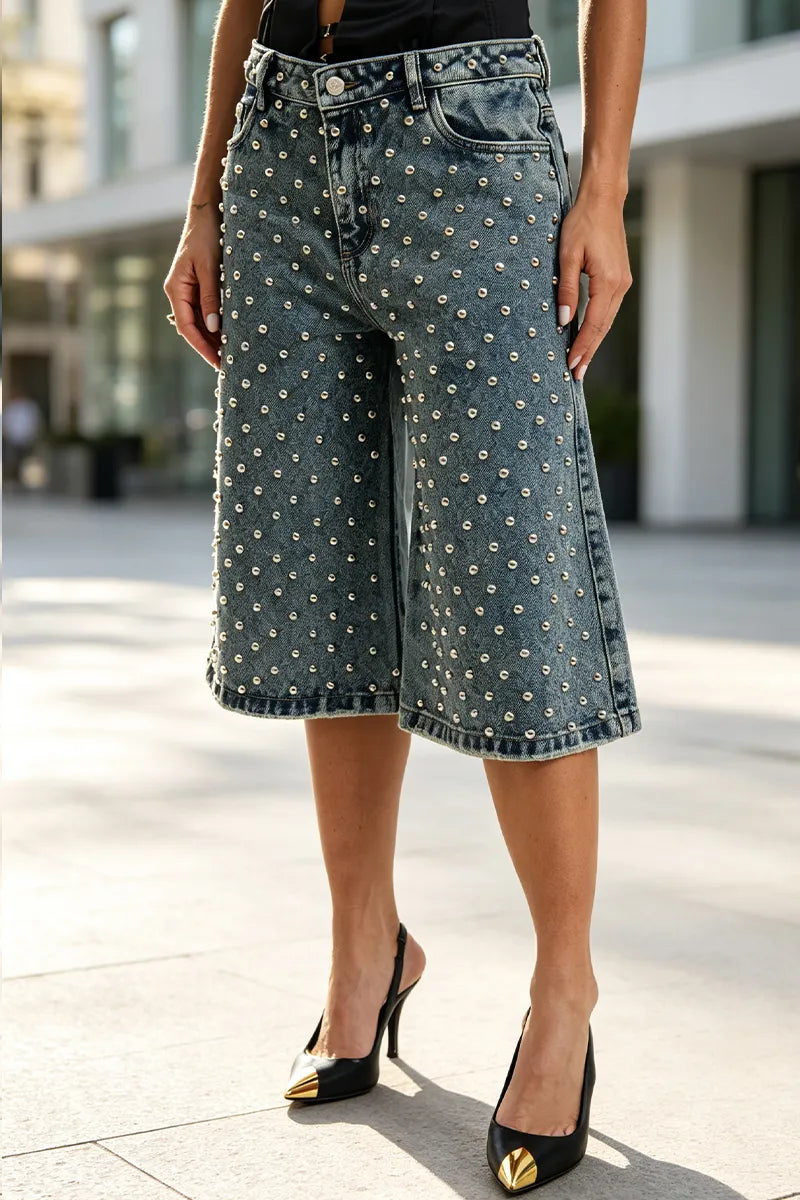 Women's Rivet Design Casual Wide Leg Seven Quarter Jeans