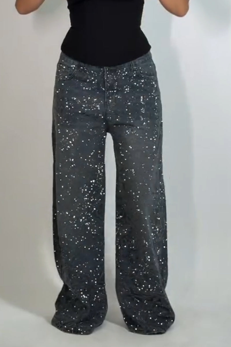 Women's Pattern Hot Pressed Diamond Casual Wide Leg Jeans