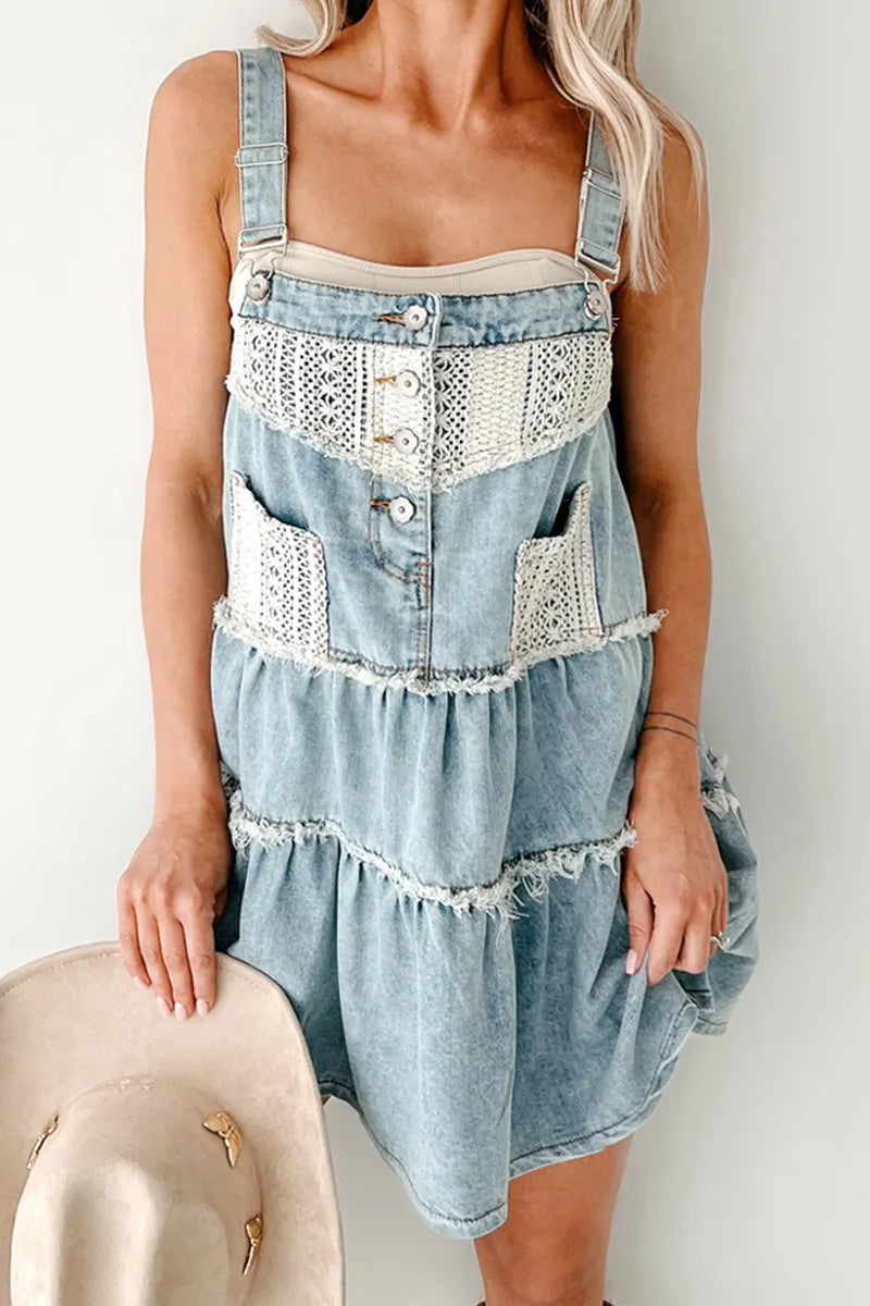 Women's Adjustable Denim Mini Dress With Lace Pockets
