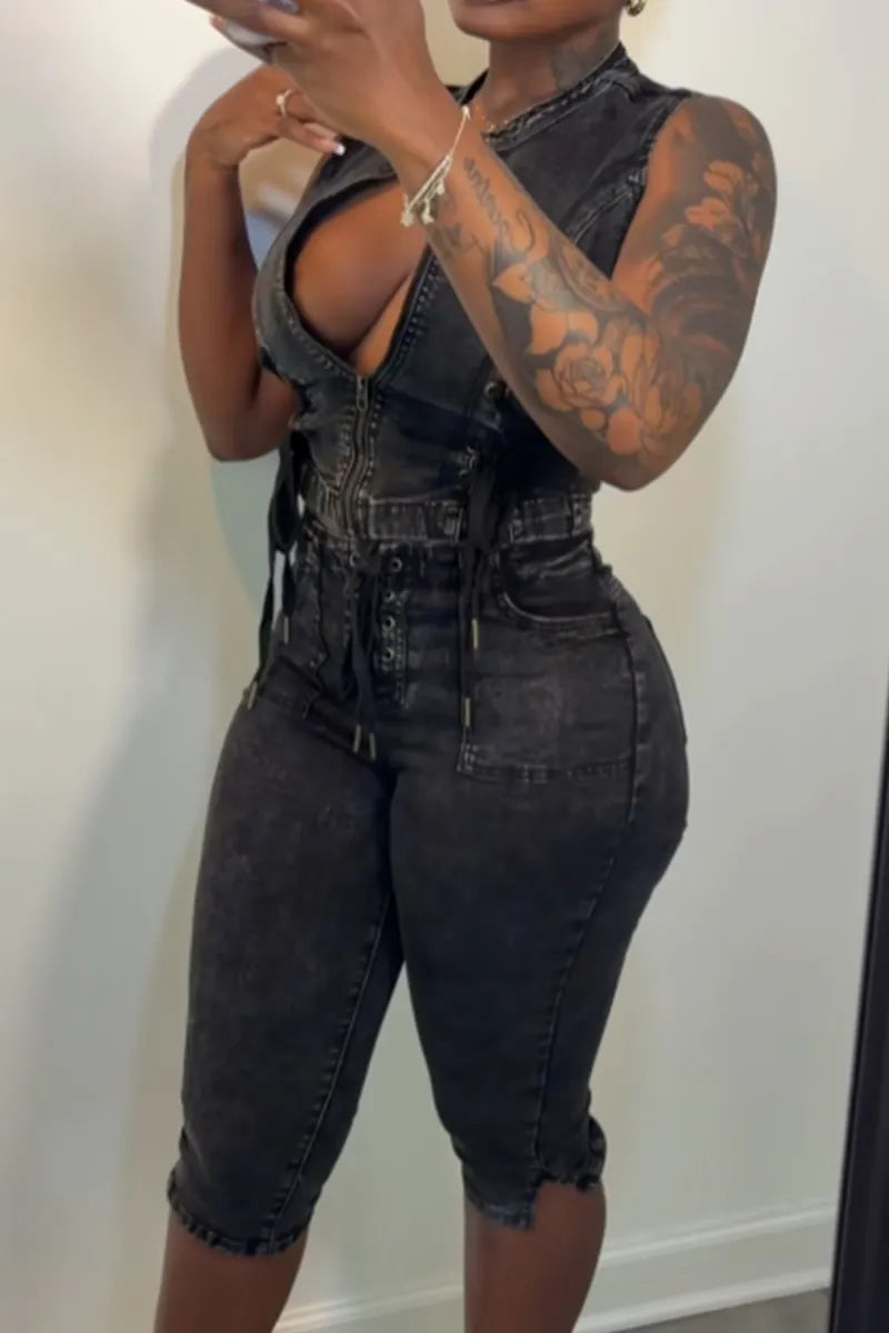 Women's Casual Street Style Tie Waist Sleeveless Cropped Denim Top Or Tight Fitting Lace Up Denim Shorts