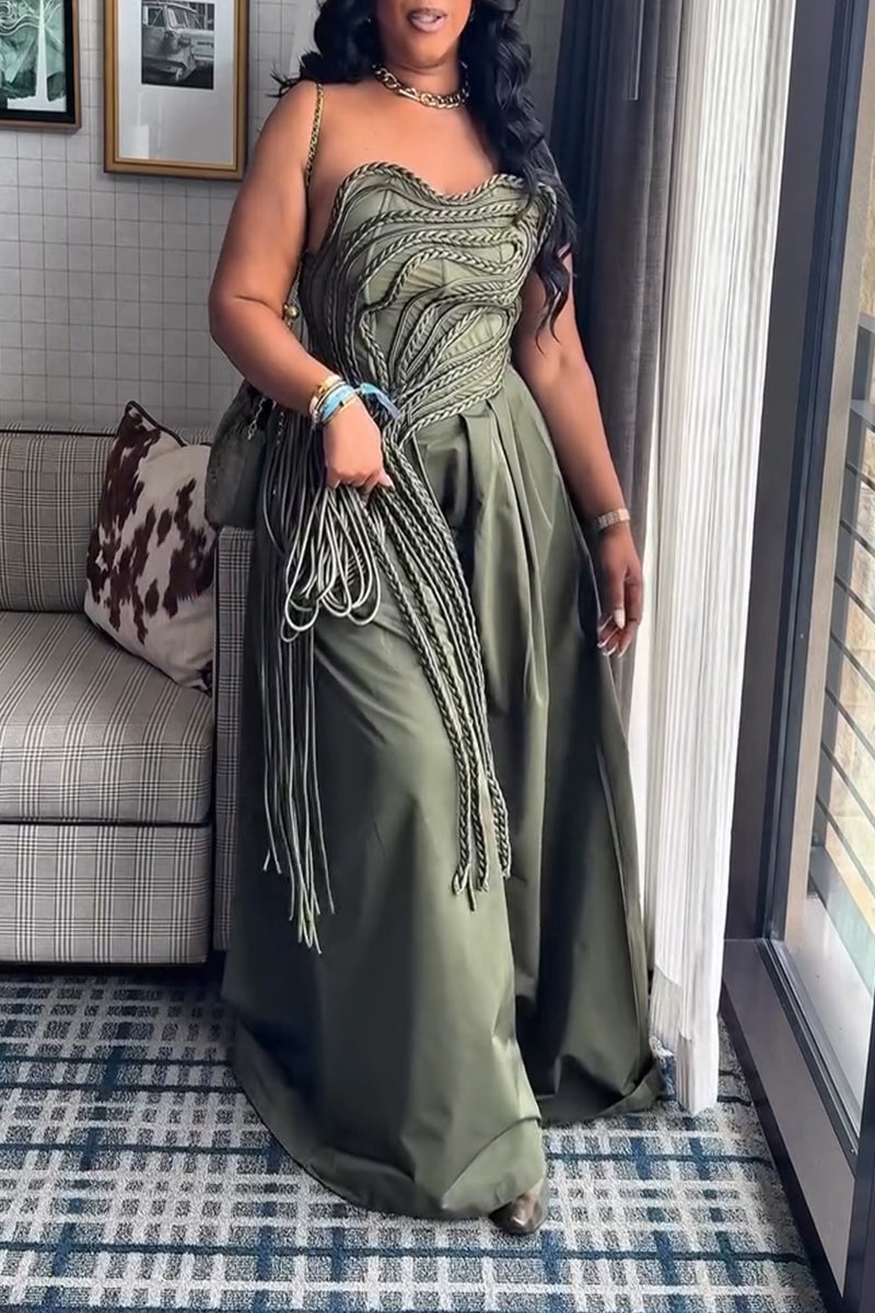 Women's Fashion Woven Decoration Asymmetric Strapless Top or Wide Leg Pants