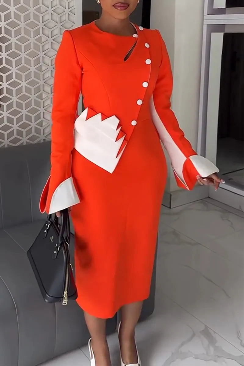 Women Round Neck Patchwork Elegant Temperament Formal Commuting Dress