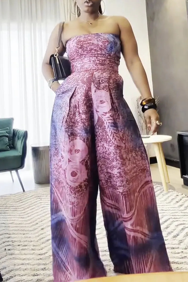 Women's Strapless Printed Temperament Casual Wide Leg Jumpsuit