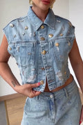 Women's Casual Novelty Button Trim Denim Vest or Pattern Print Rhinestone Jeans