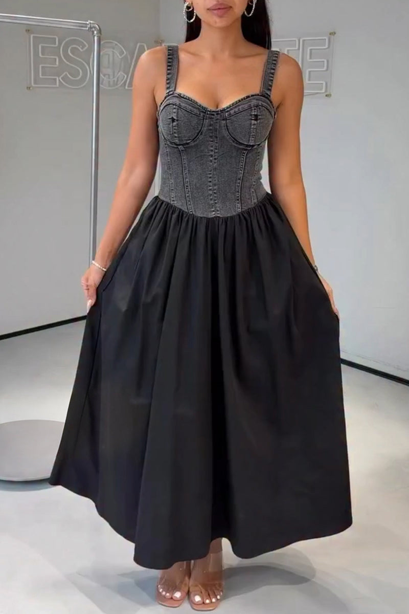 Women's Casual Denim Patchwork Maxi Dress