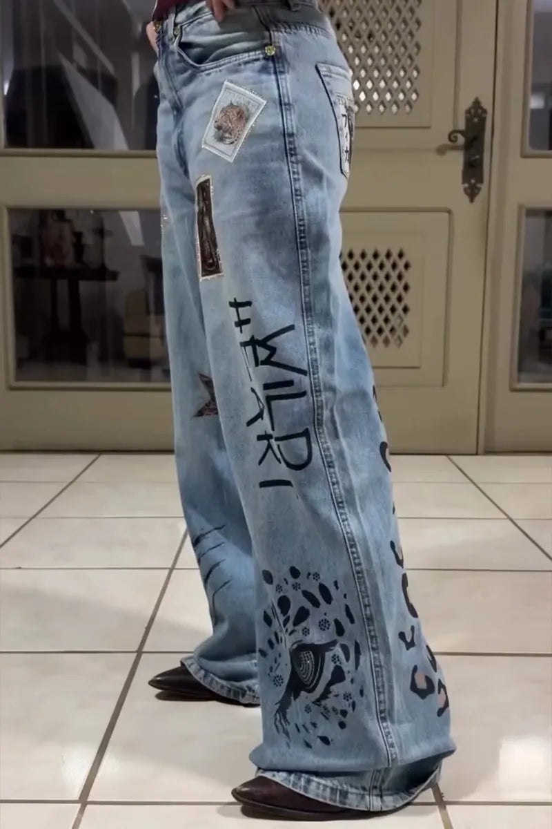 Women's Casual Pattern Print Rhinestone Trim Jeans
