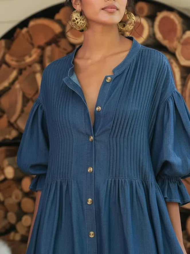 Retro V-neck pleated denim dress with puff sleeves