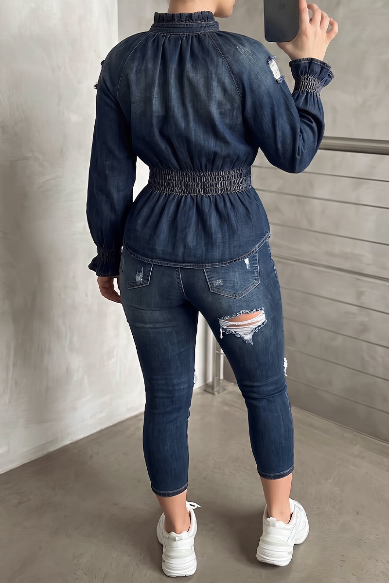 Women's 2 Piece Denim Outfits Long Sleeve Smocked Waist Ruffled Jean Shirt and Ripped Skinny Pants Set Casual Streetwear