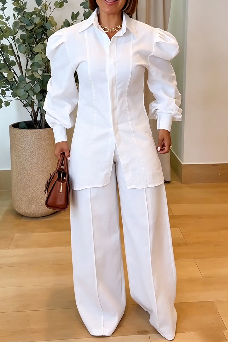 Women's Casual Leg of Mutton Sleeve Shirt Wide Leg Pants Two-Piece Set