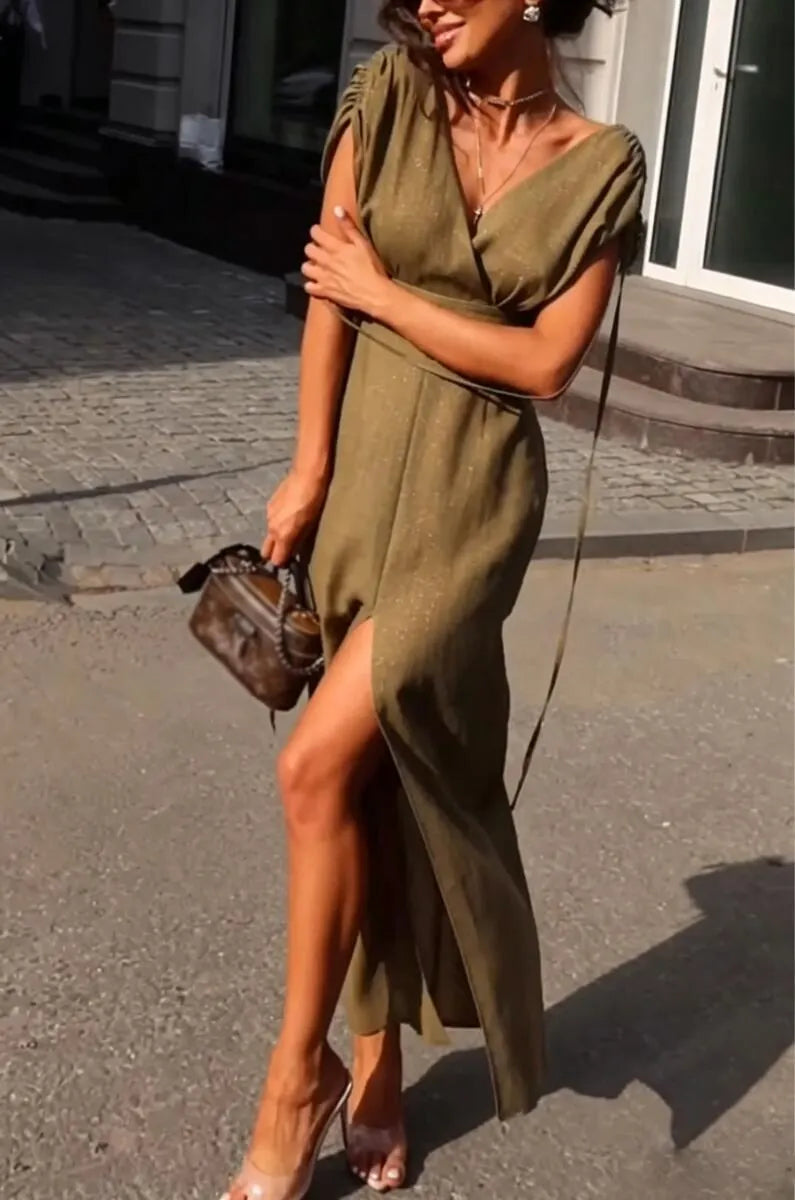 Women's V-neck Split Solid Color Elegant Casual Dress