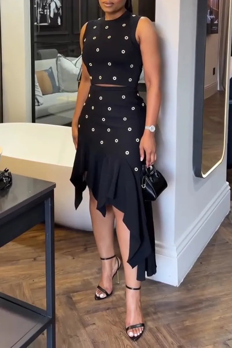 Women's Fashion Metal Cut Out Decoration Top Asymmetric Hem Skirt Two Piece Set