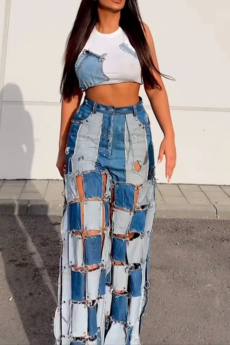 women's White Base Patch Denim Raw Fray Edge Sleeveless Cropped Tank Top Or High Waist Multi Wash Patchwork Fray Cutout Wide Leg Baggy Denim Pants