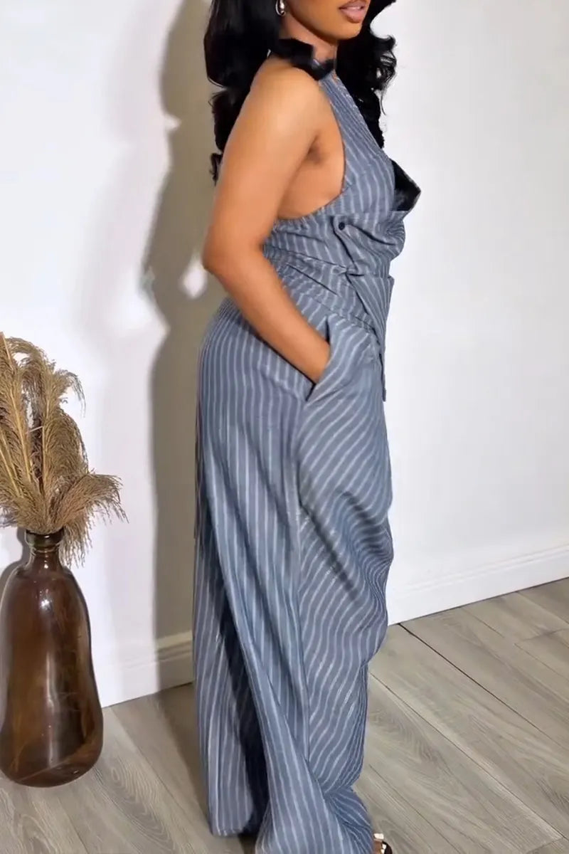 Women's Casual Drape Neck Stripe Top Silhouette Pants Two-Piece Set
