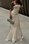 Women's Elegant Strapless Stripe Hem Patchwork Maxi Dress