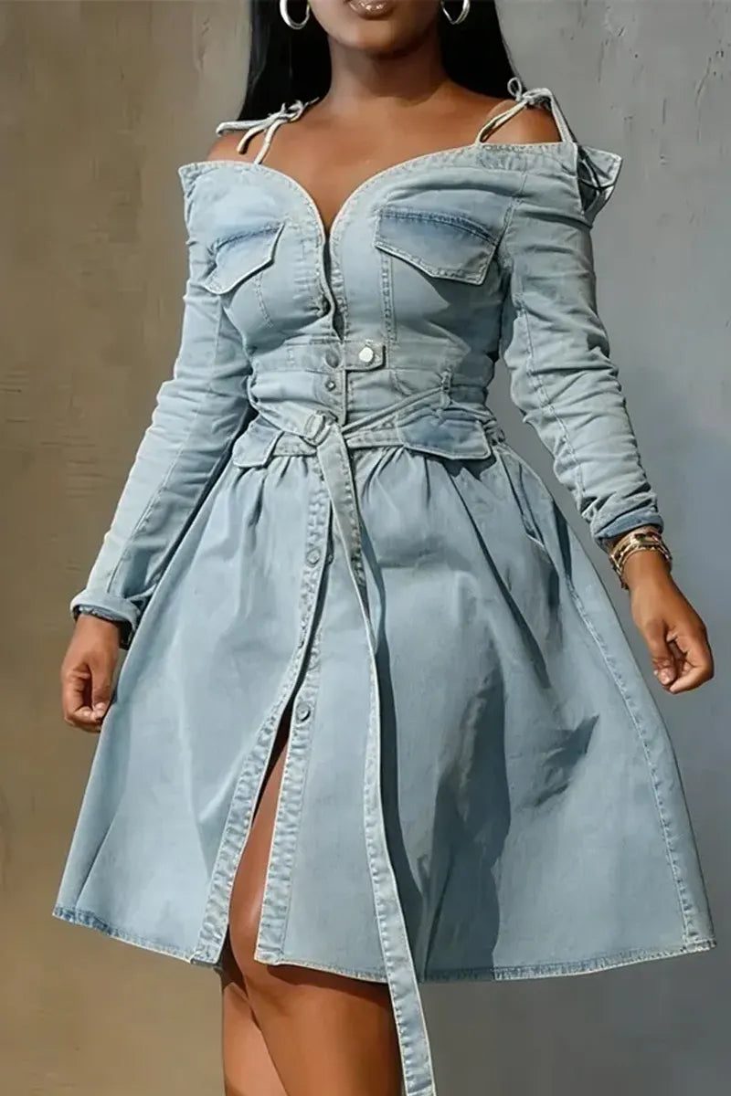 Ladies' Hot Selling Casual Elegant Washed Long Sleeved Knee Length Dress