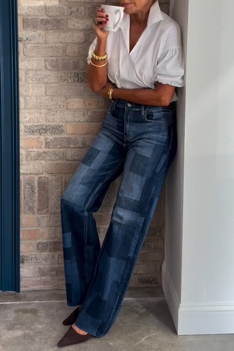 Women's High Waisted Square Patchwork Printed Casual Jeans