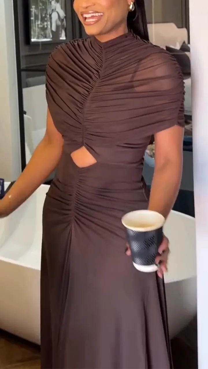 Women Round Neck Patchwork Hollow Pleated Solid Color Elegant Temperament Dress