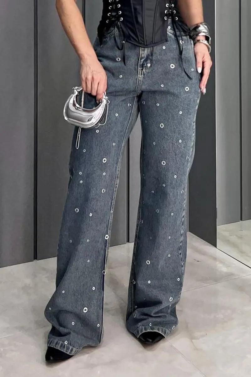 Women's Acid Wash Denim Pants with Eyelet Embellishments & Side Slit