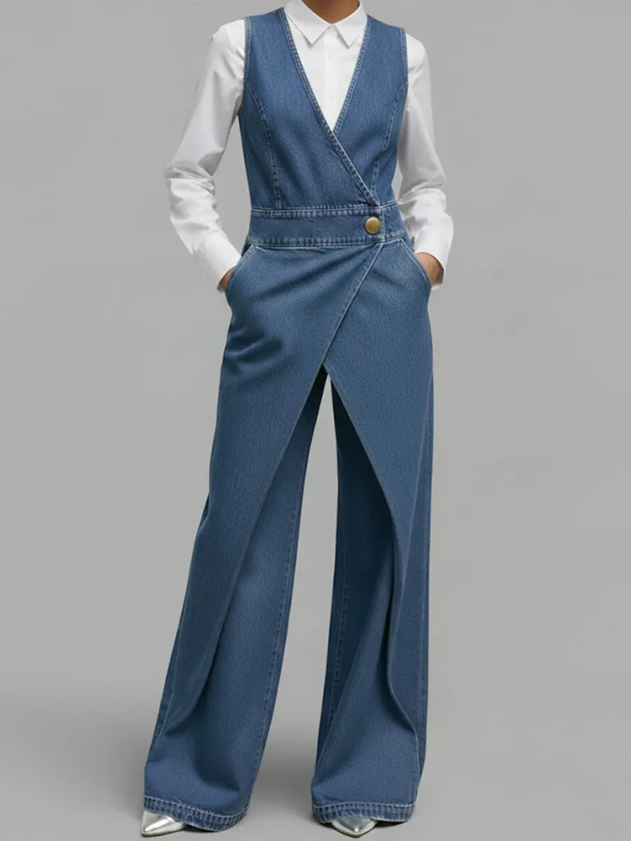 Women's V-neck Sleeveless Casual Loose Denim Wide-leg Jumpsuit