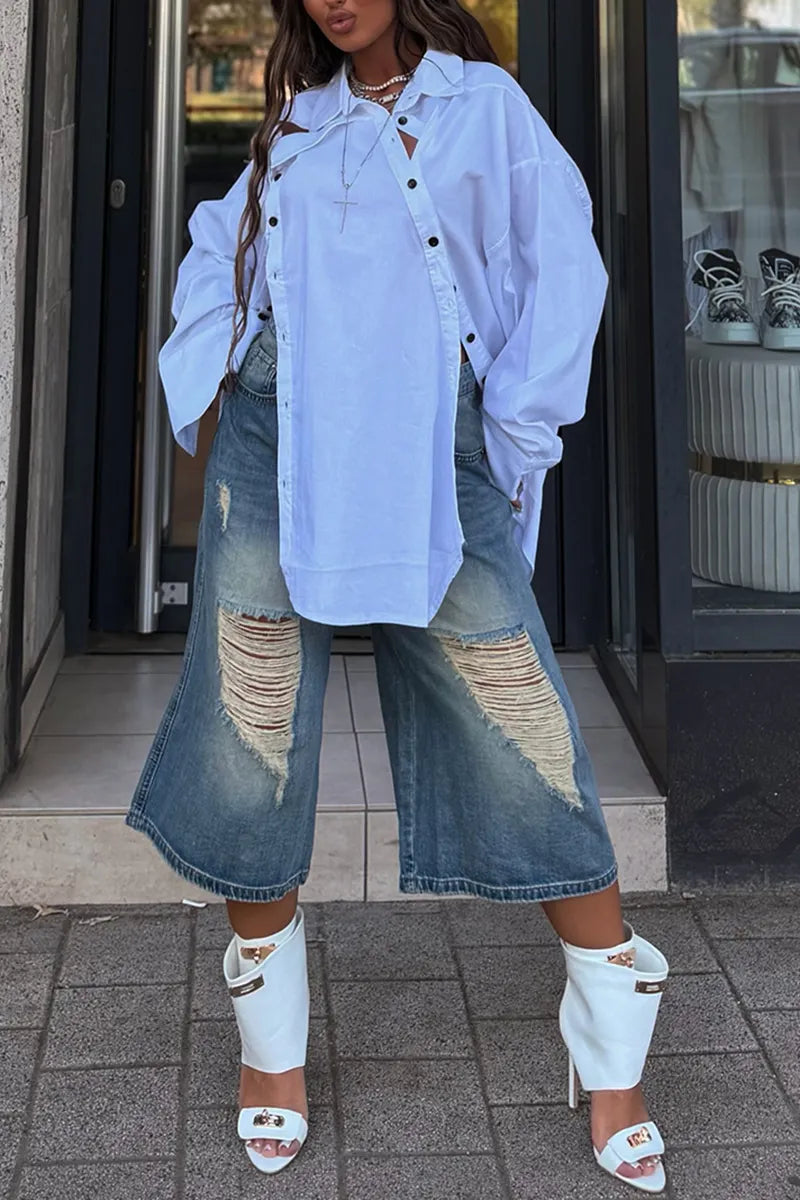 Women's Fashion Button Design Shirt or Ripped Short Jeans
