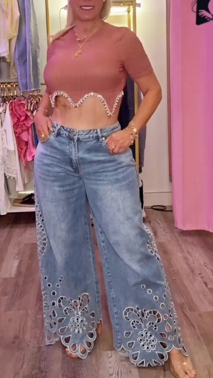 Women Pattern Hollowed Out Casual Jeans