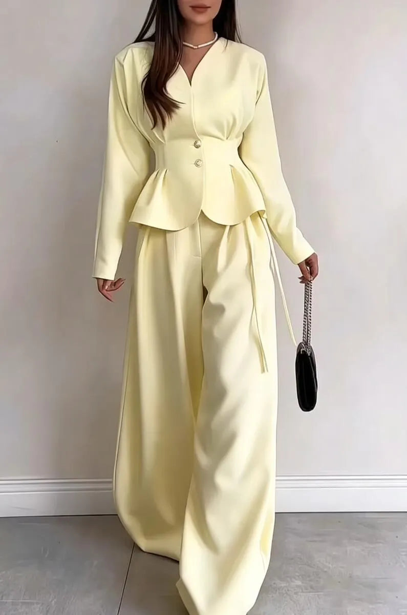 Women's V-neck Waist Cinched Jacket+ Pants Casual Suit with Temperament