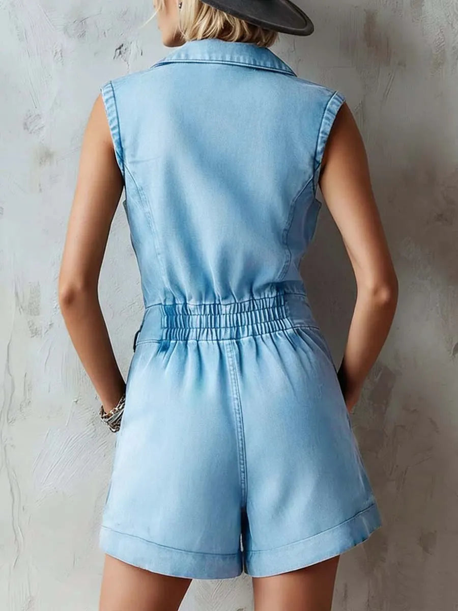 Women's Sleeveless Casual Loose Denim Jumpsuit With Lapel Collar
