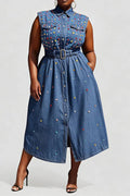 Ladies' Party Casual Blue Shirt Collar Perforated Pocket Denim Mid Length Dress