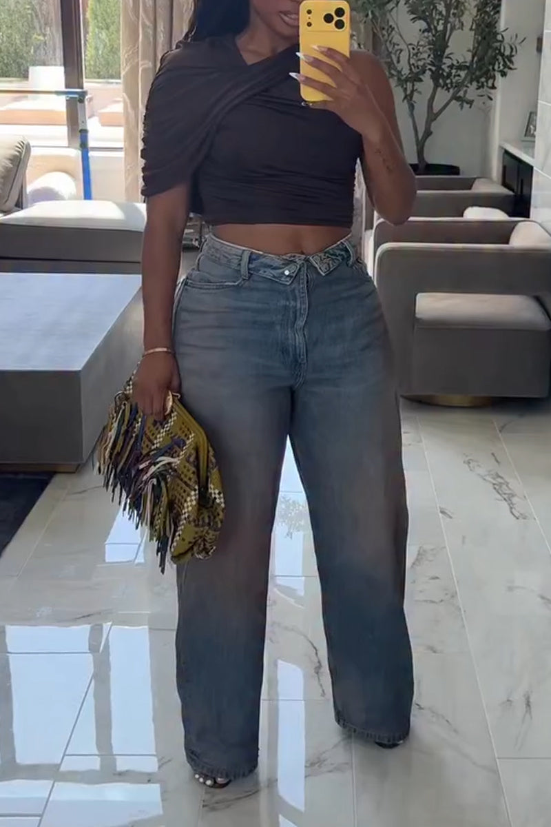Women Make Vintage Washed Casual Wide Leg Jeans