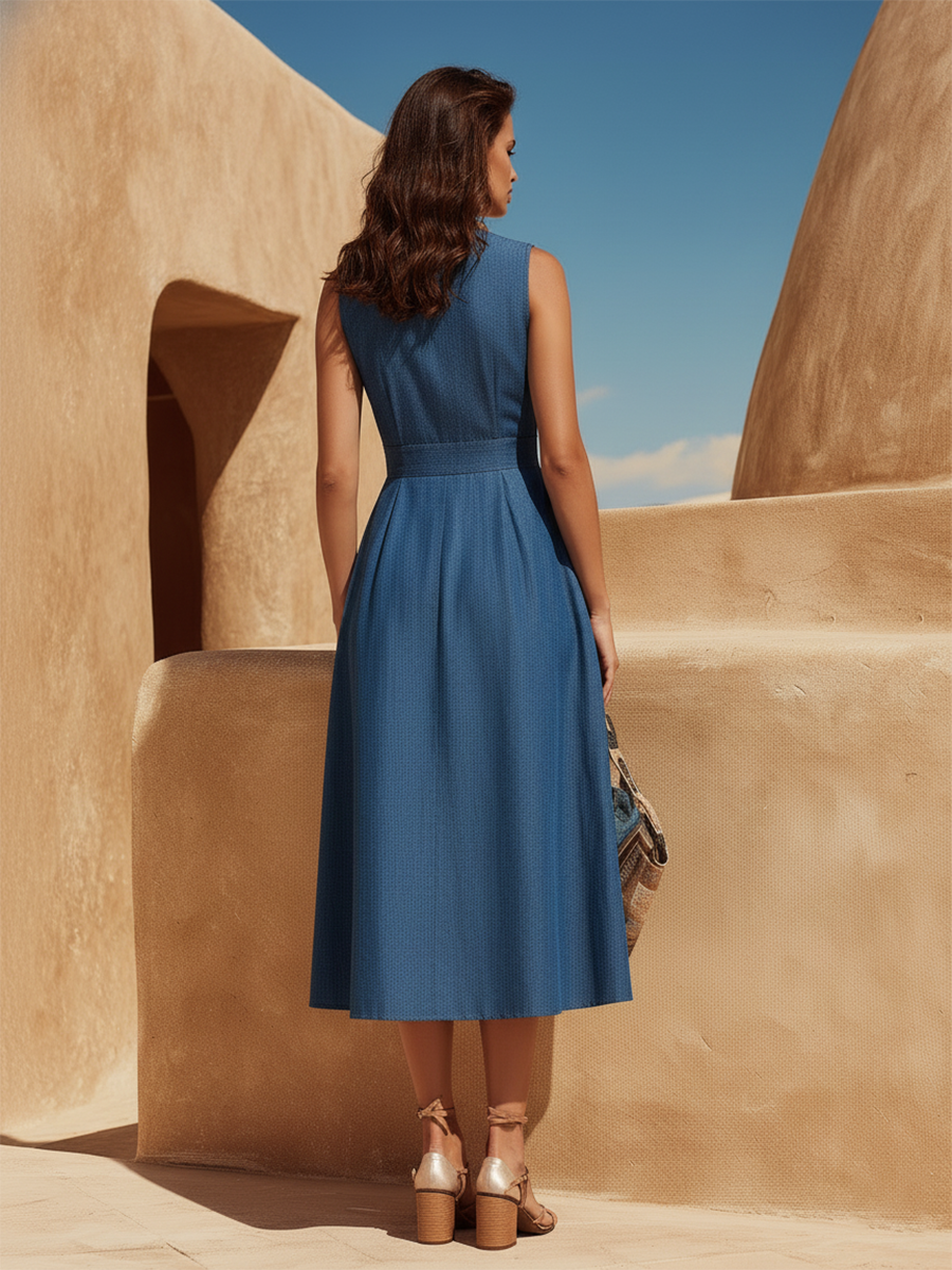 Vacation-Style Crew Neck Sleeveless Denim Midi Dress