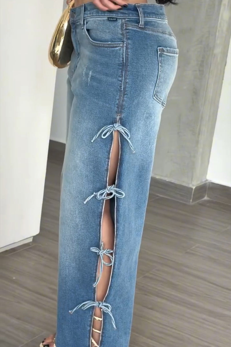 Women's Casual Side Bow Lace-Up Cut-Out Decoration Jeans