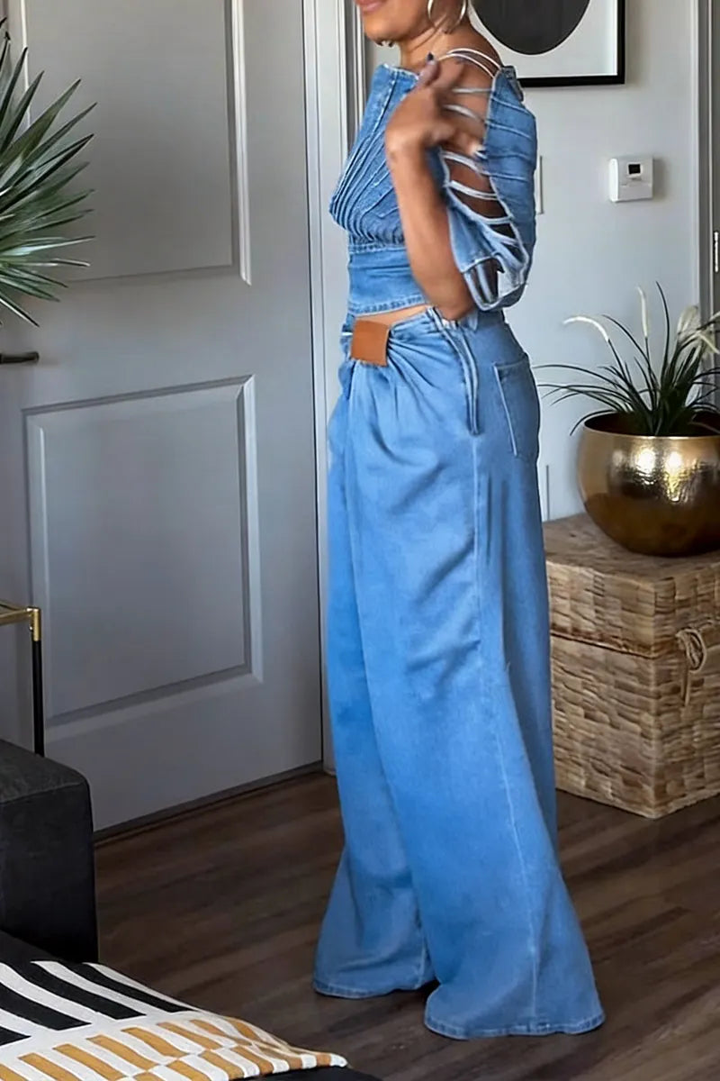 Women's Fashion Backless Denim Top & Pleated Jeans