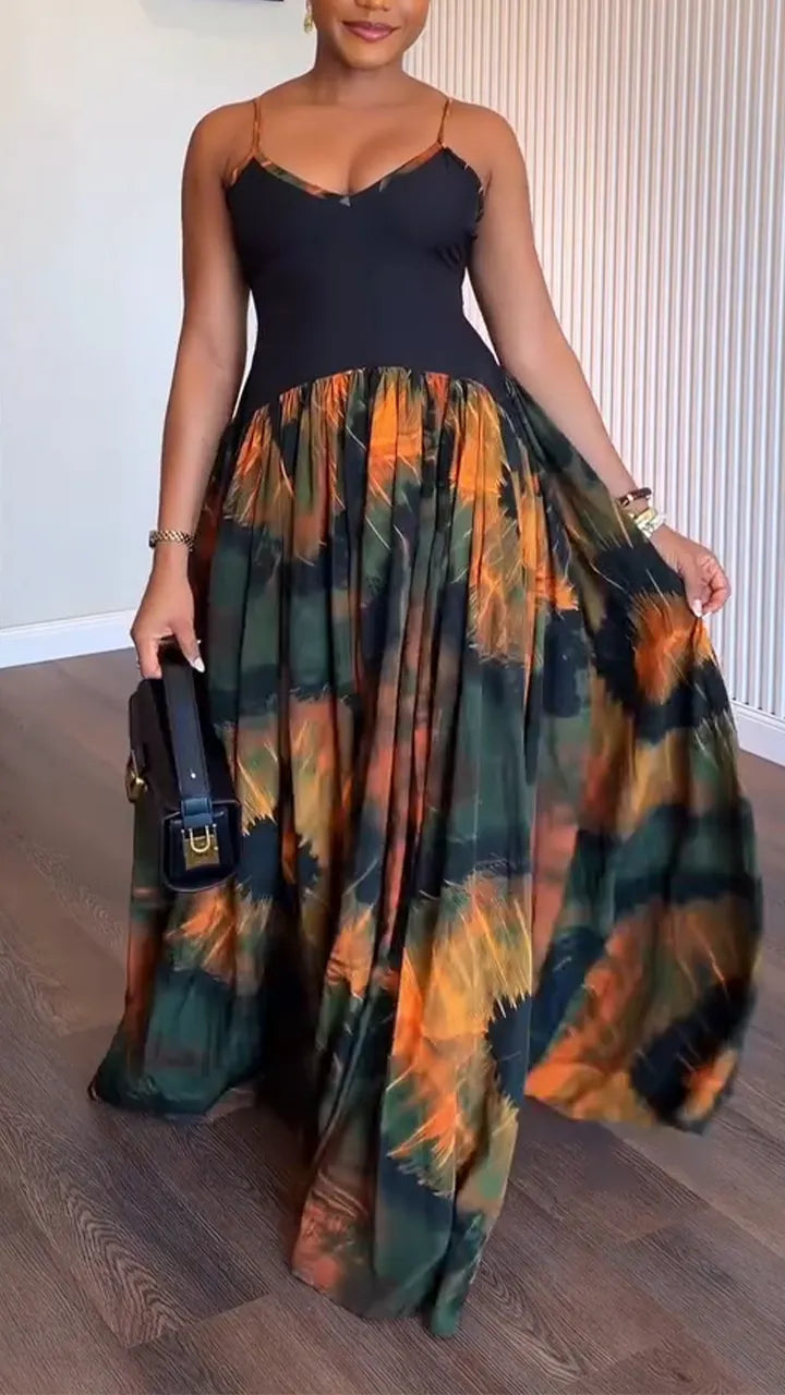 Women Suspender Patchwork Print Elegant Temperament Dress