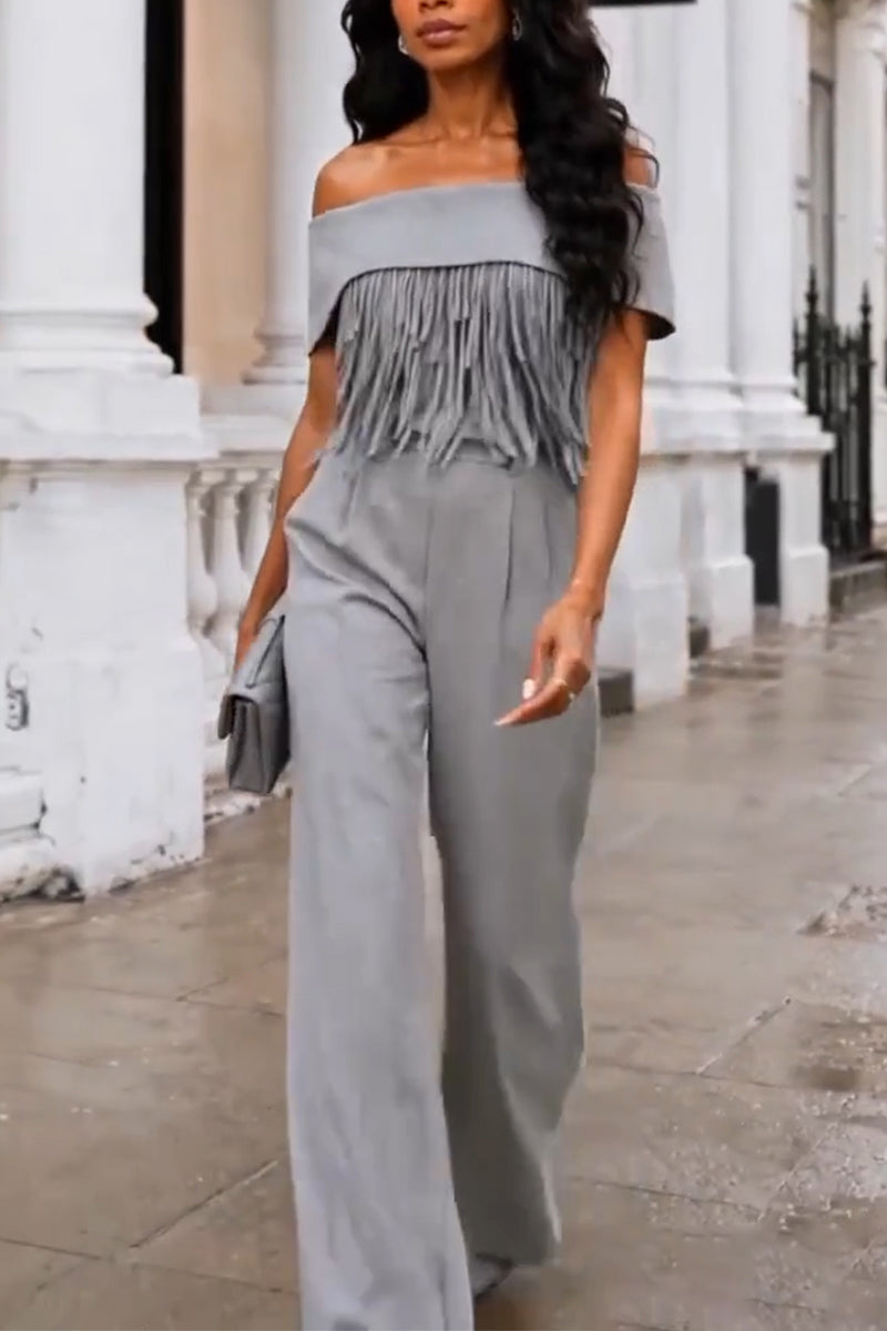 Women's Off Shoulder Patchwork Tassel Top+ Pants Elegant Temperament Set