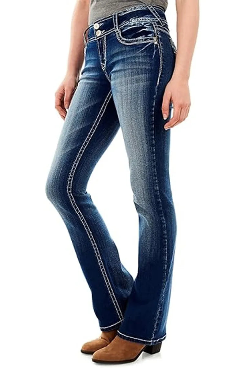 Women Dark Blue Mid Rise Double Button Contrast White Stitch Slim Bootcut Denim Jeans
