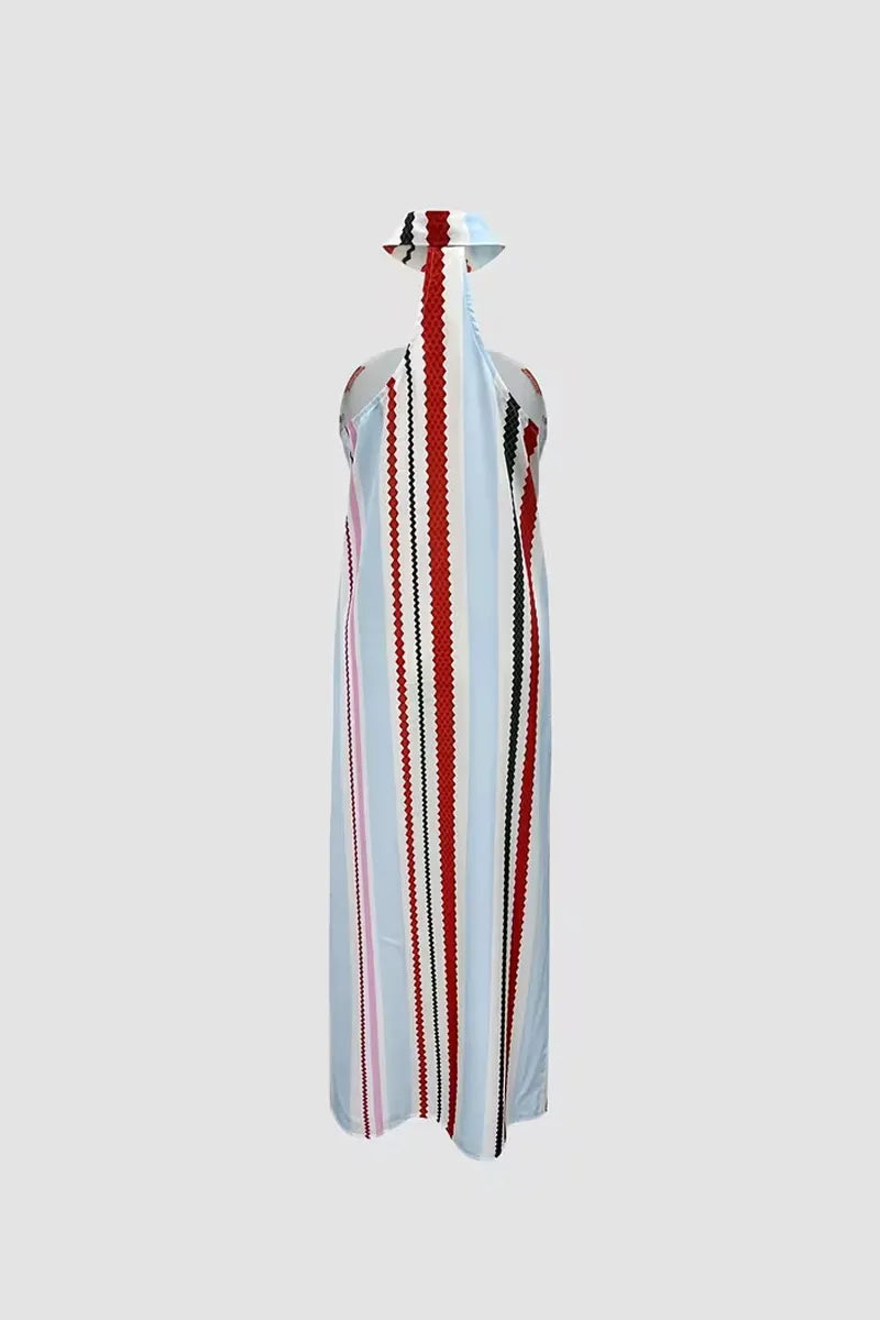 Women's Summer CasualHalter Collar Stripe Print High Slit Satin Maxi Dress