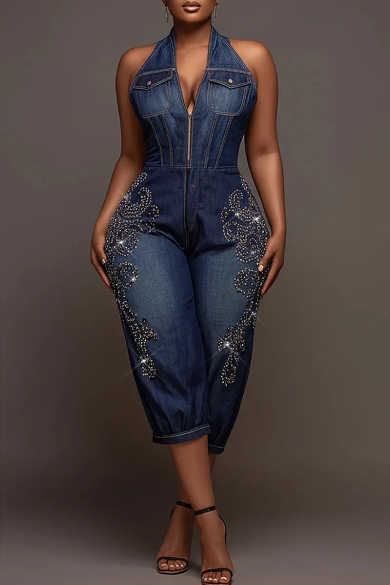 Hot Selling Women's Casual Rhinestone Denim Jumpsuit