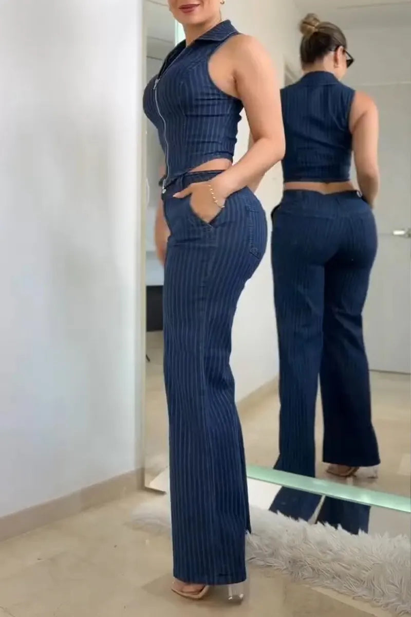 Women's Casual Stripe Zipper Vest or Wide Leg Jeans