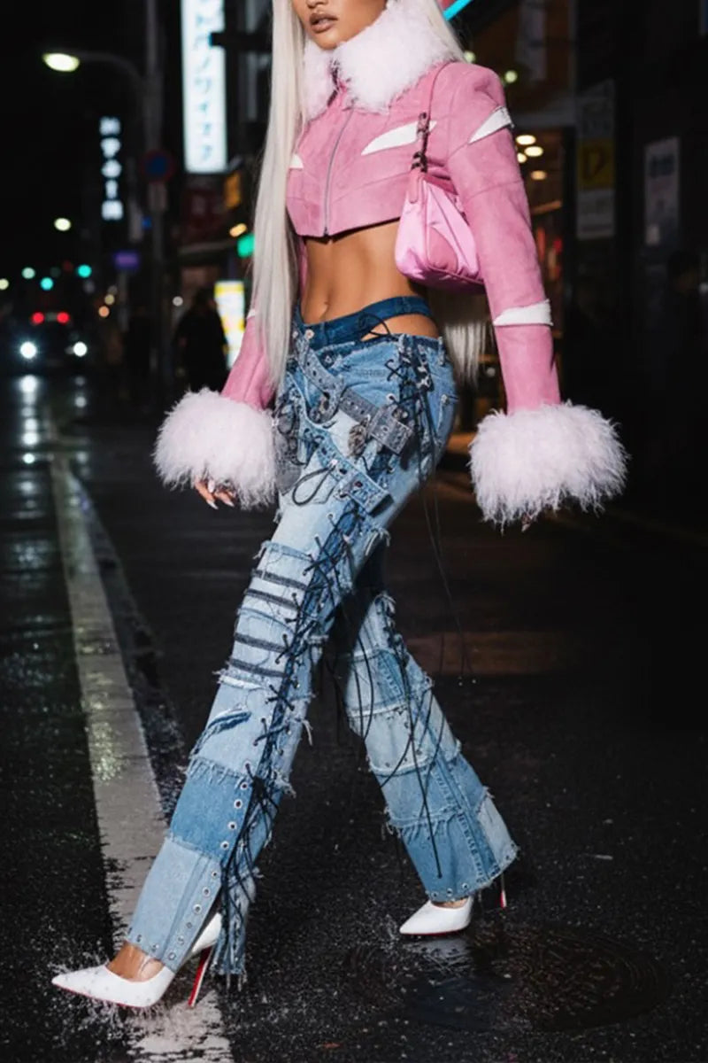 Women's Fashion Denim Panel Deconstructed Jeans