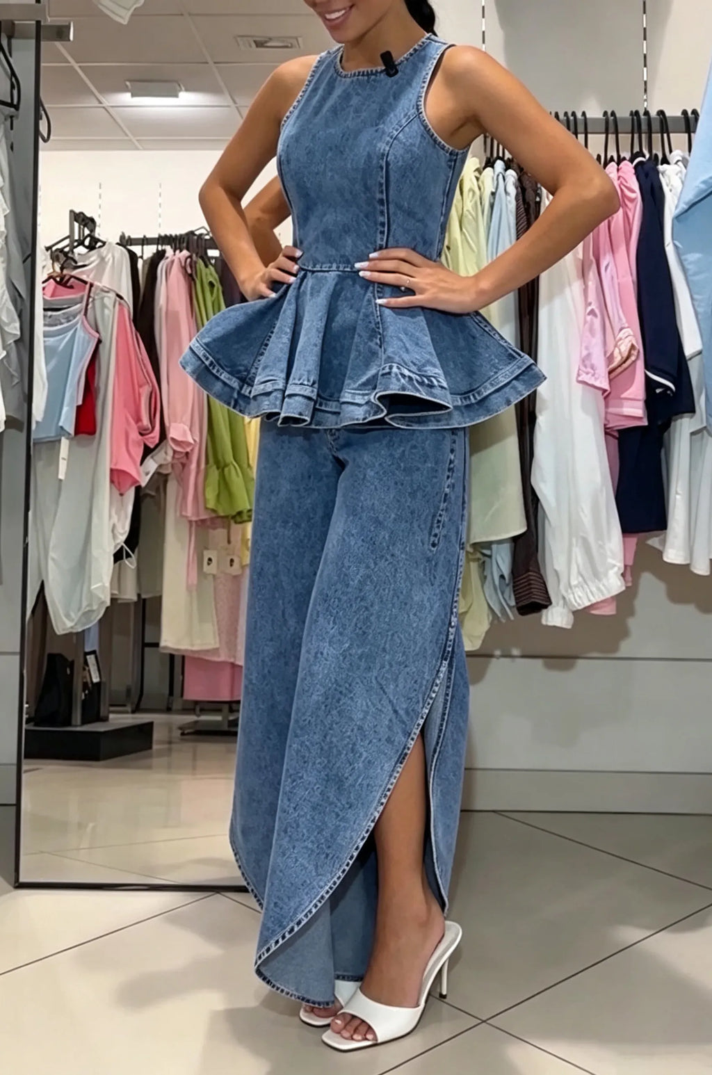 Women's Elegant Ruffle Hem Denim Vest or Curved Cut Slit Jeans