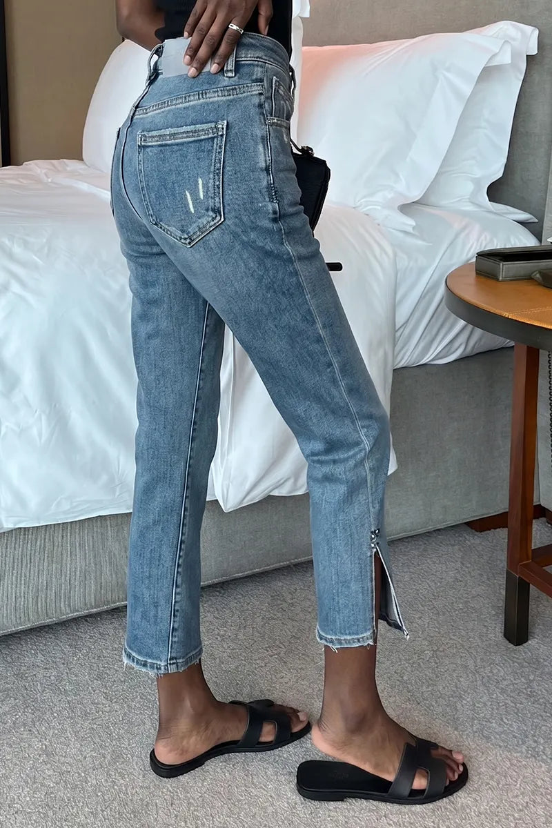 Women's Casual Straight Leg Cropped Jeans With Side Slits